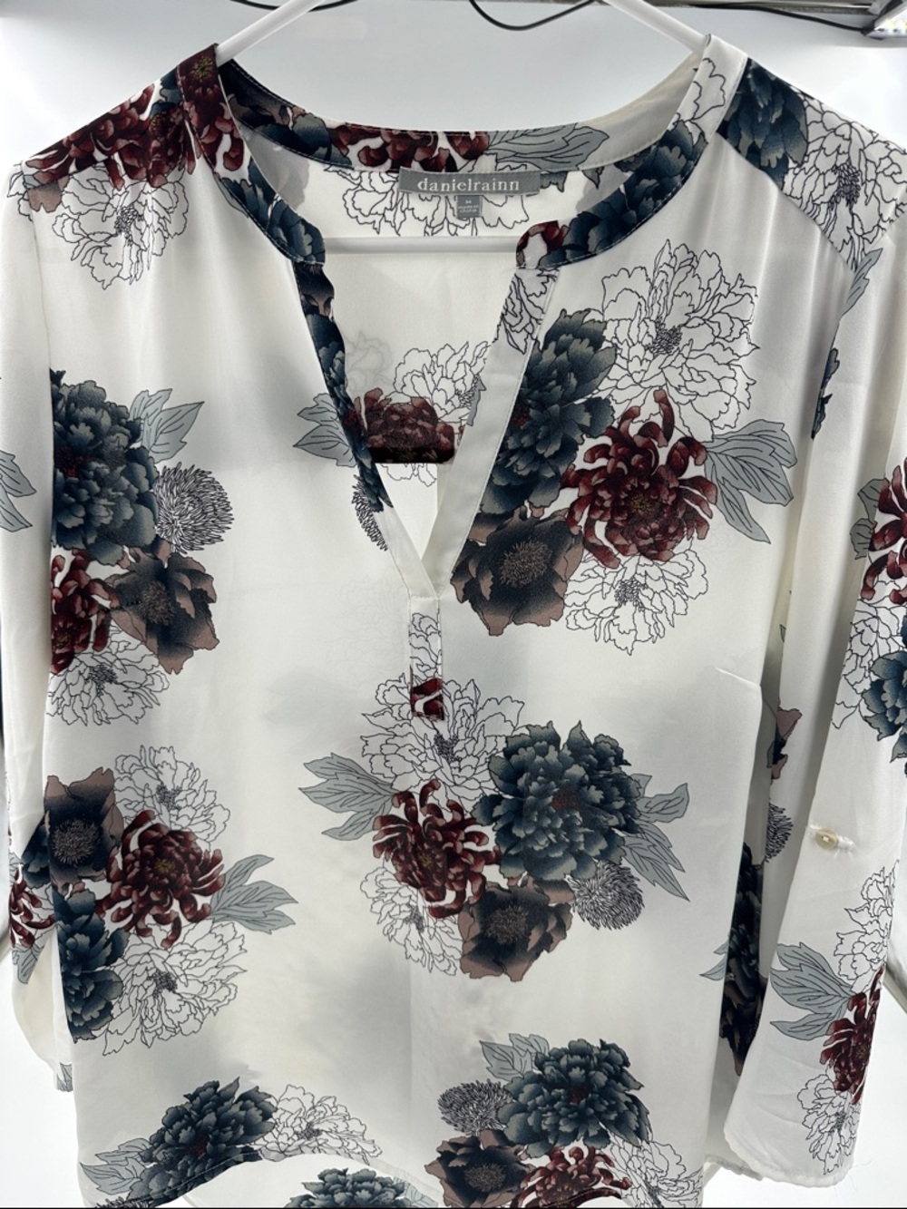 Daniel Rainn Cream Blouse with Navy and Burgundy Floral Print